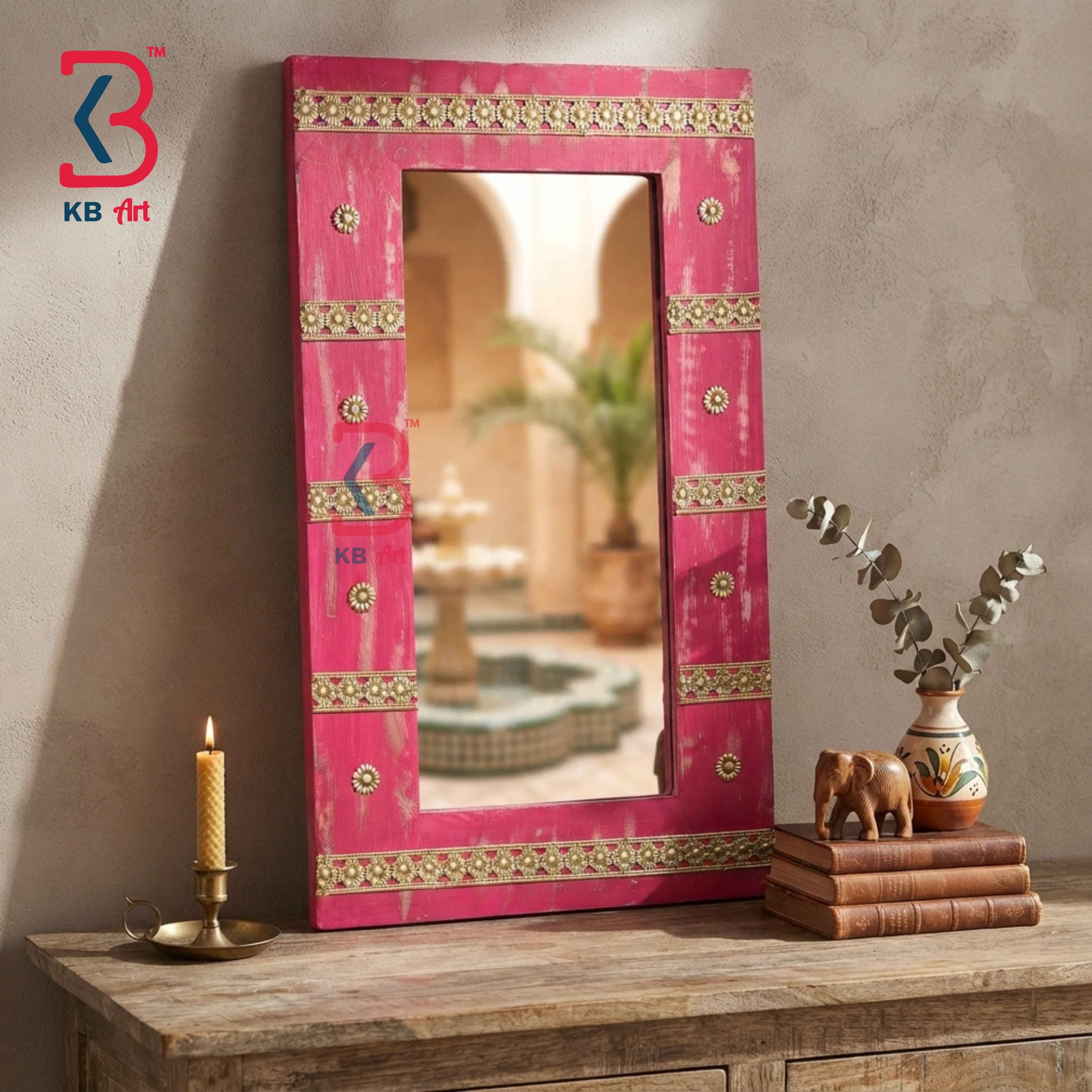 KB ART Vintage Pink Wooden Jharokha Mirror Handcrafted Rajasthani Heritage Wall Decor for Living Room Entryway Home Styling Artisan Feature