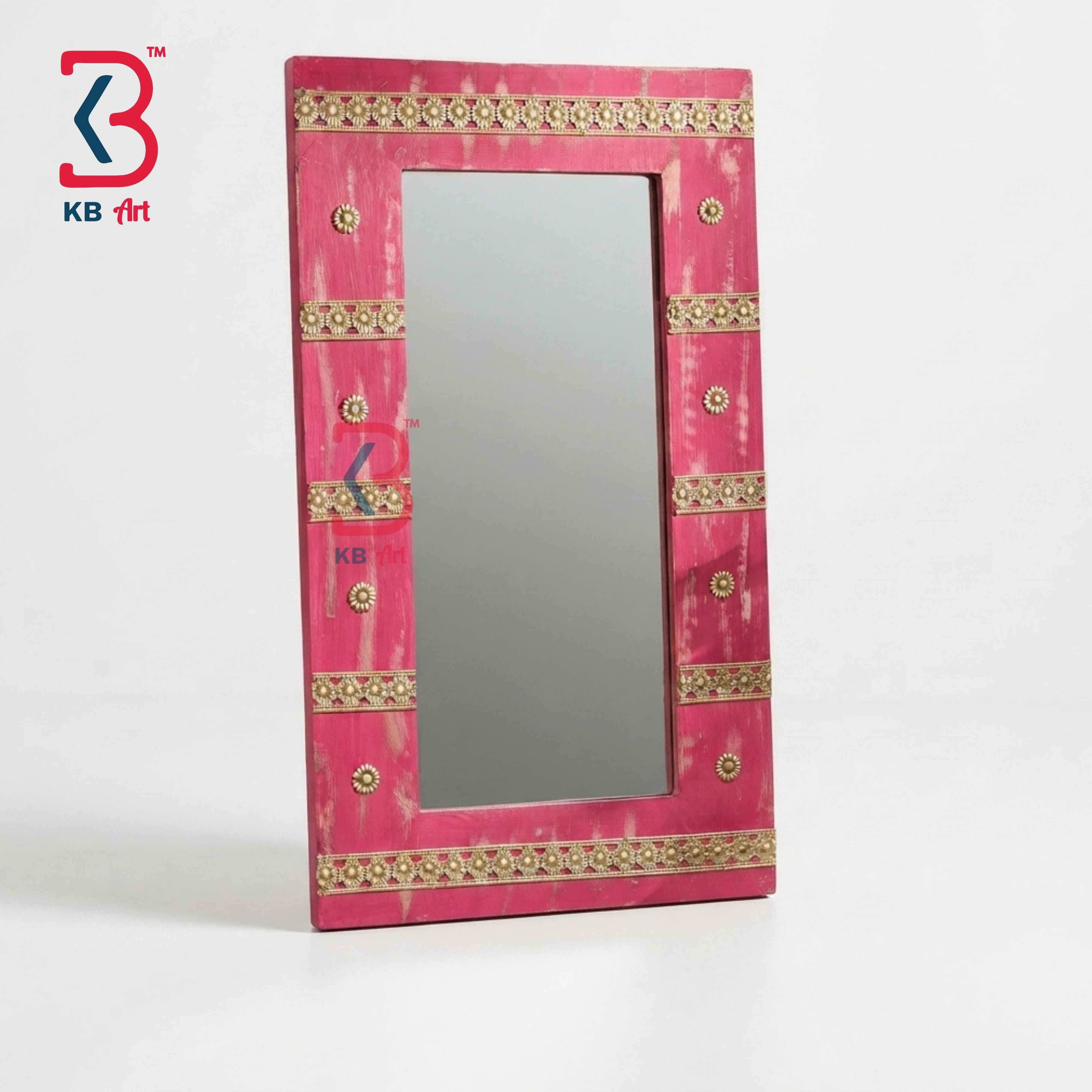 KB ART Vintage Pink Wooden Jharokha Mirror Handcrafted Rajasthani Heritage Wall Decor for Living Room Entryway Home Styling Artisan Feature