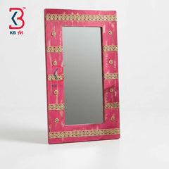KB ART Vintage Pink Wooden Jharokha Mirror Handcrafted Rajasthani Heritage Wall Decor for Living Room Entryway Home Styling Artisan Feature