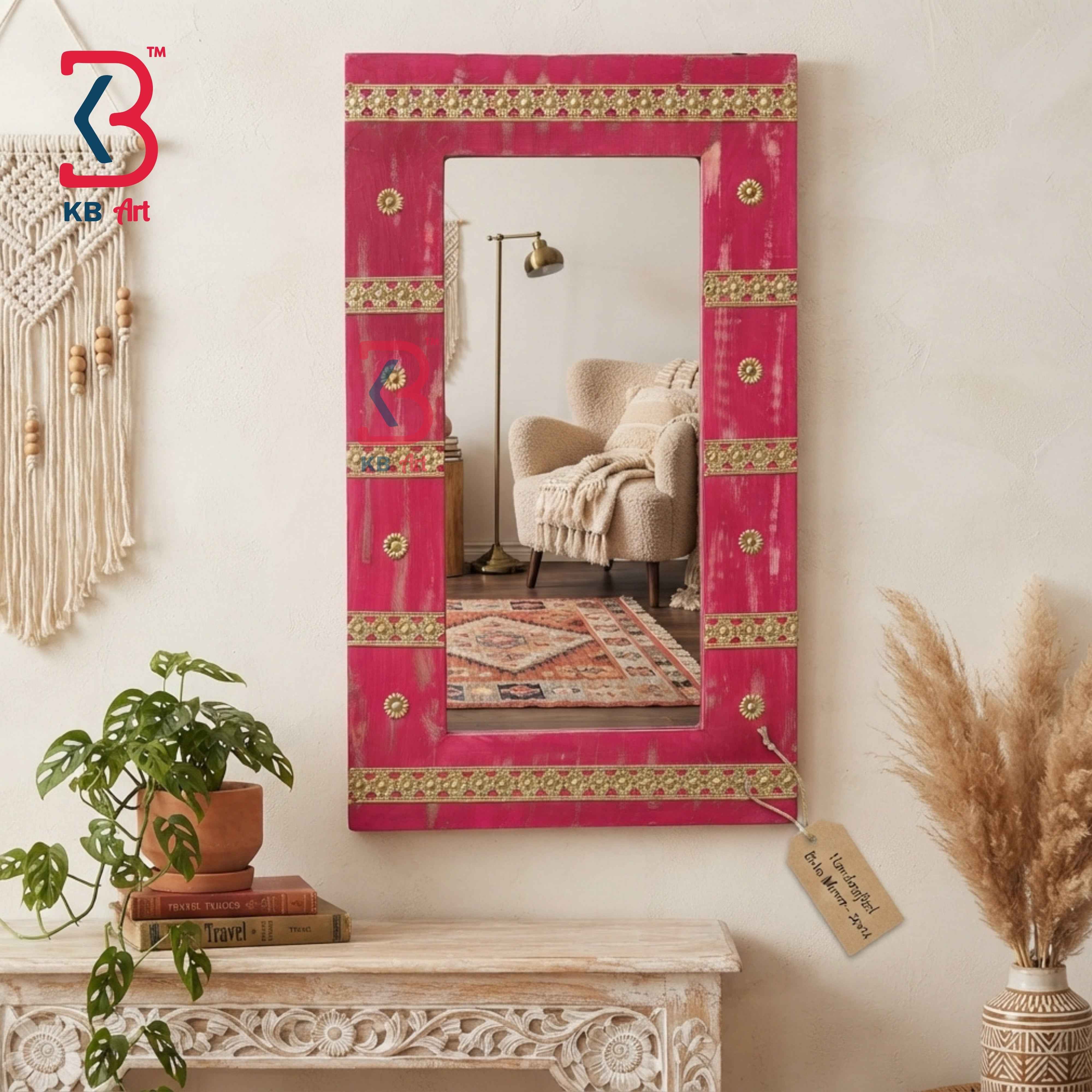KB ART Vintage Pink Wooden Jharokha Mirror Handcrafted Rajasthani Heritage Wall Decor for Living Room Entryway Home Styling Artisan Feature