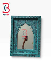 KB ART Carved Turquoise Wooden Jharokha Mirror Handcrafted Rajasthani Heritage Wall Decor for Living Room Entryway Home Styling Artisan Centerpiece