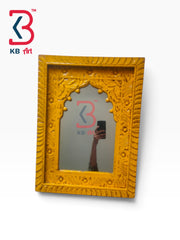 KB ART Solid Wood Distressed Yellow Jharokha Wall Mirror Entryway Decor - Wooden Jharokha Wall Mirror (Photo 2 of 2) | SKU KB-5294-B