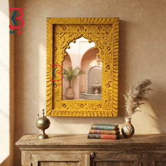 KB ART Ethnic Indian Hand Carved Yellow Finish Window Mirror Frame - Wooden Jharokha Wall Mirror (Photo 1 of 2) | SKU KB-5294-B
