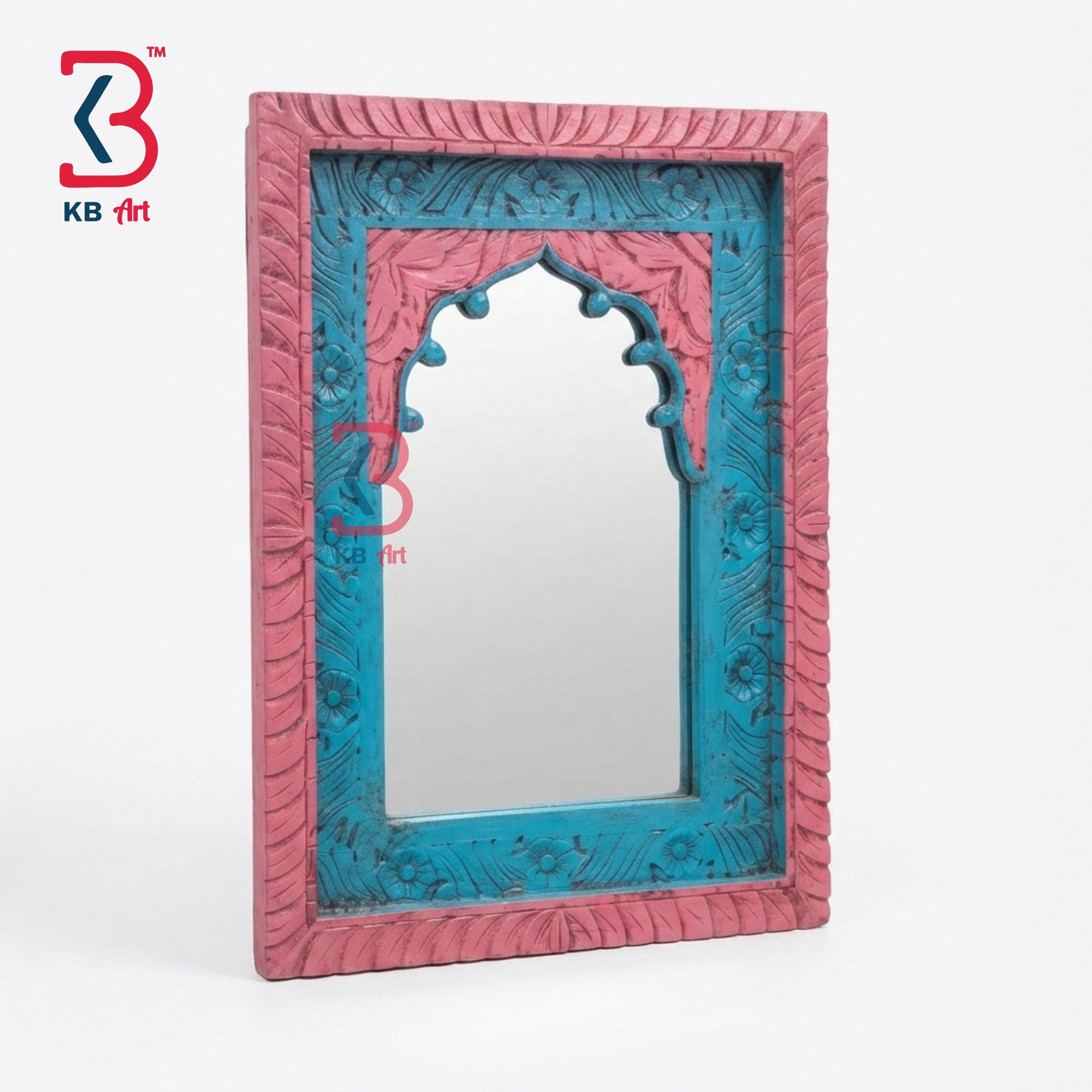 KB ART Traditional Jodhpur Handicrafts Blue or Pink Patina Wood Jharokha Mirror - Wooden Jharokha Wall Mirror (Photo 2 of 2) | SKU KB-5295-B