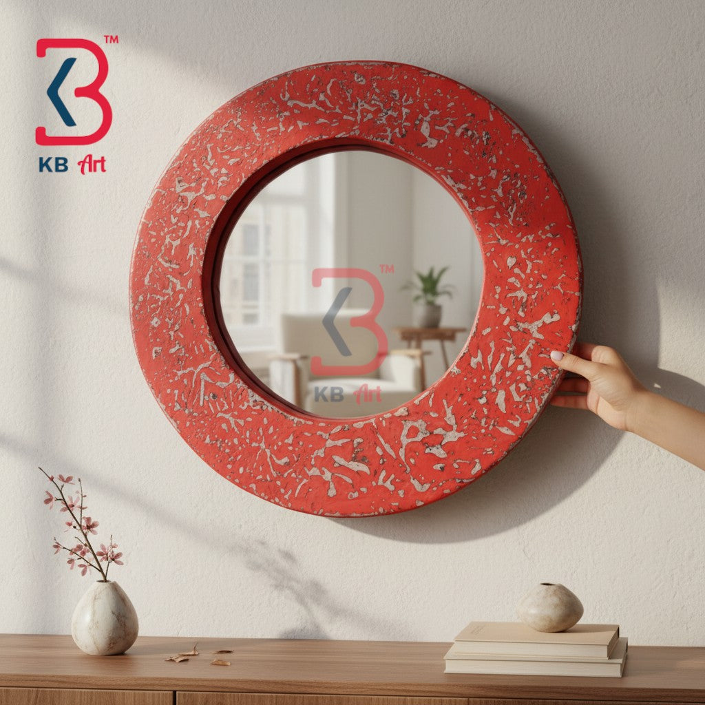 KB ART Handcrafted Distressed Coral Orange Wooden Carved Round Wall Mirror - Wooden Jharokha Wall Mirror (Photo 1 of 2) | SKU KB-5296-B