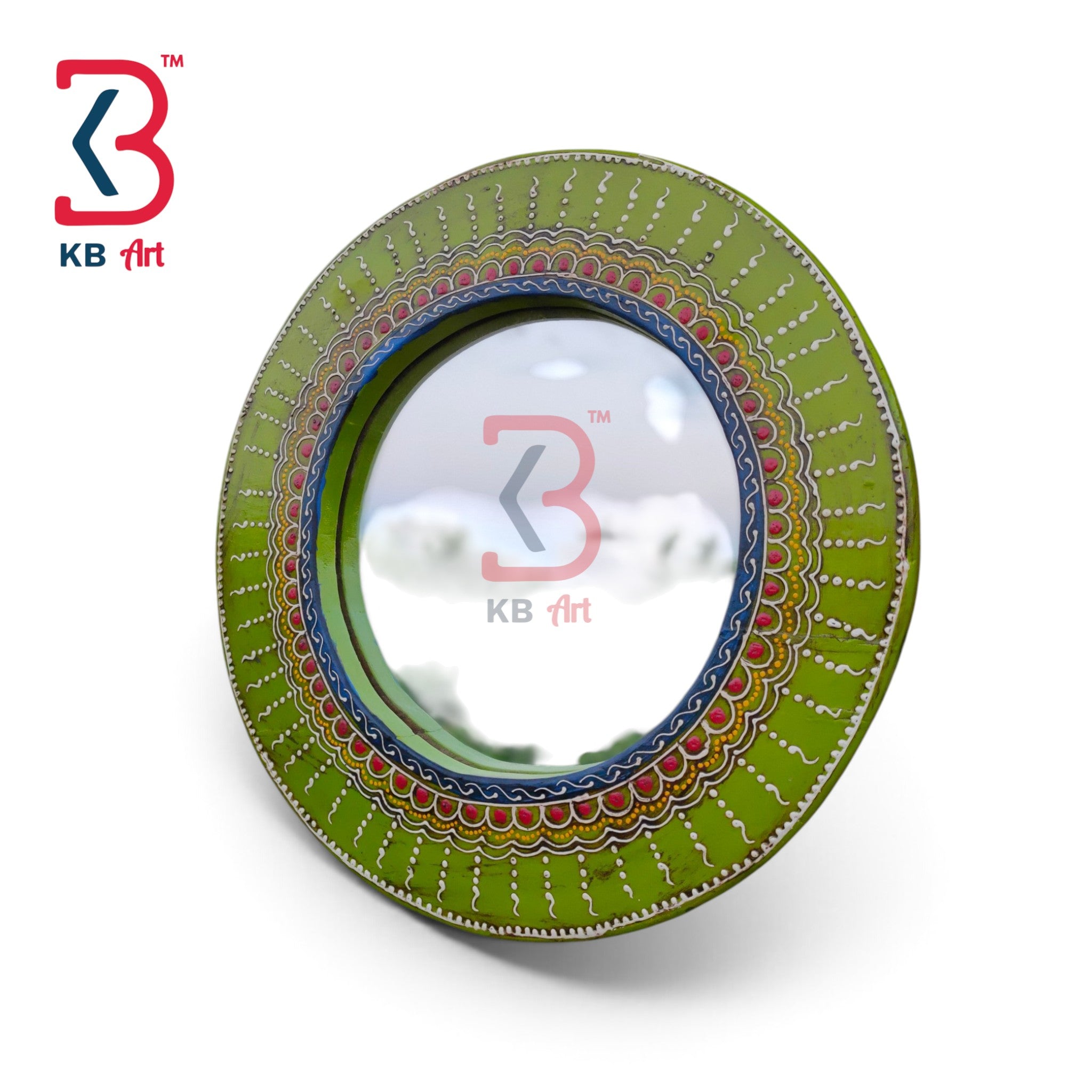 KB ART Ethnic Hand Carved Handpainted Greeen Wooden Wall Mirror - Wooden Jharokha Wall Mirror (Photo 2 of 2) | SKU KB-5297-B