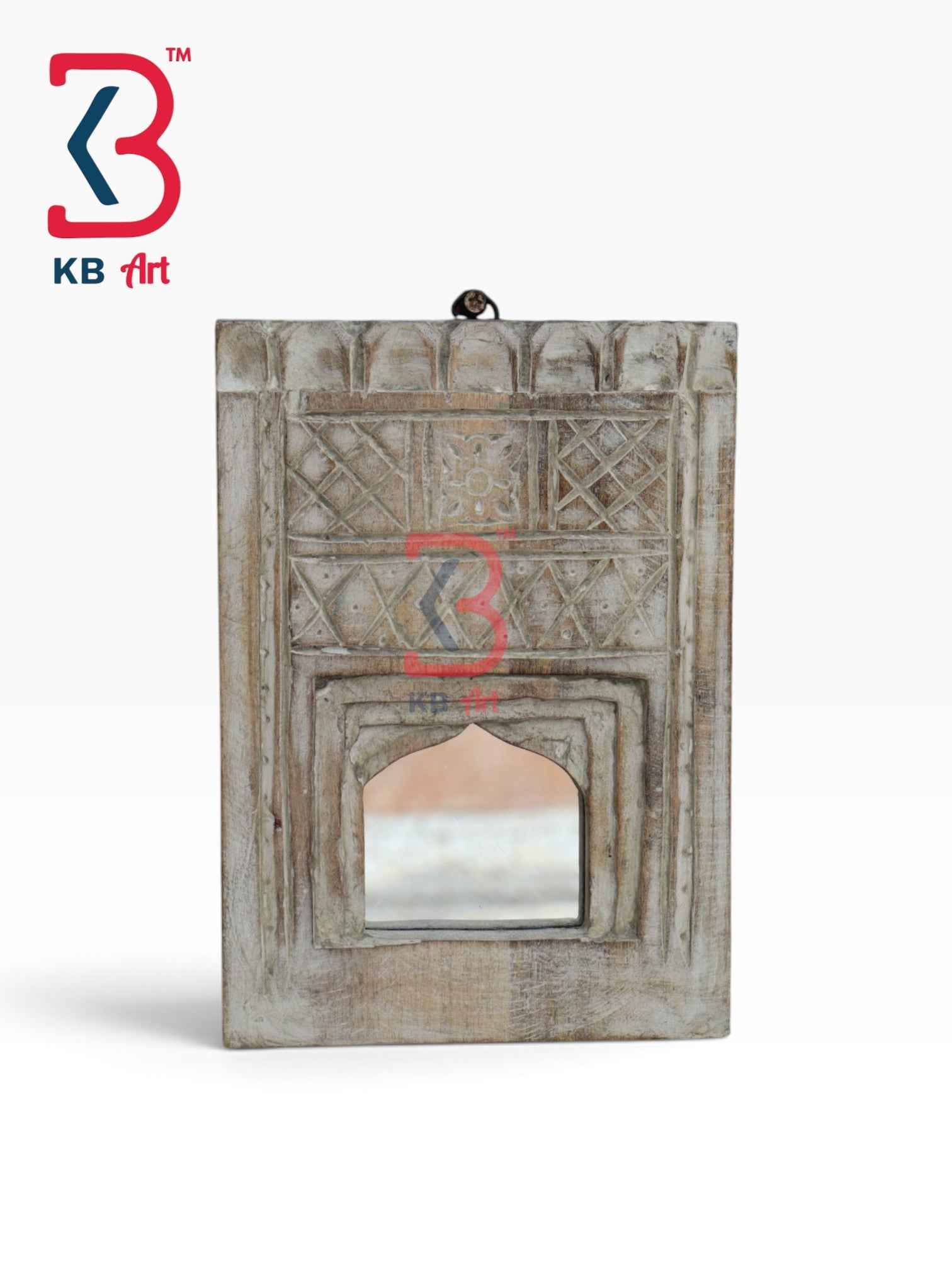 KB ART Rustic Brown Handcrafted Wooden Temple Mirror Rajasthani Wall Decor for Pooja Room Living Room Entryway Heritage Artisan Display