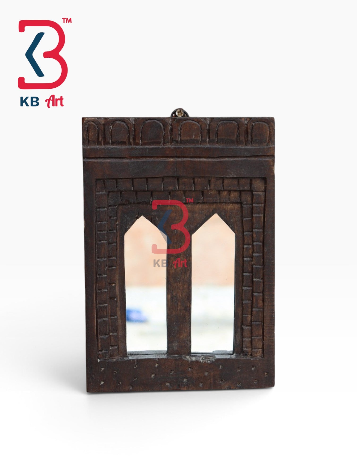 KB ART Solid Wood Carved Pooja Temple Wall Mirror Hanging - Wooden Temple Wall Mirror (Photo 2 of 2) | SKU KB-5306-B