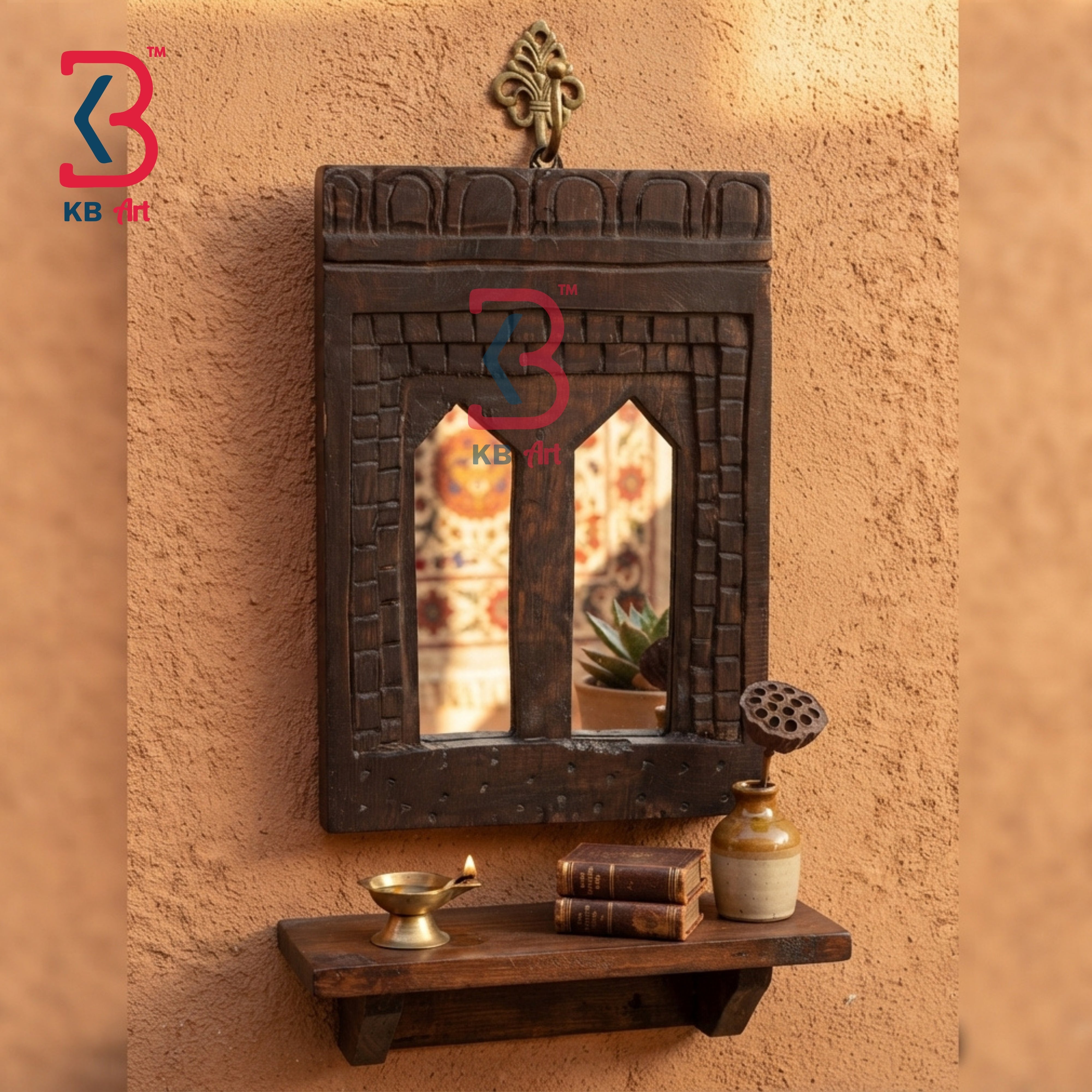 KB ART Distressed Finish Wood Temple Mirror Shelf Styling - Wooden Temple Wall Mirror (Photo 1 of 2) | SKU KB-5306-B