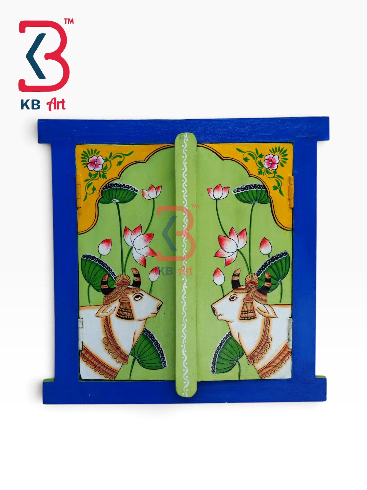 KB ART Rustic Wooden Window Jharokha Pichwai Cow Mirror for Entryway Decor - Wooden Window Wall Mirror (Photo 2 of 2) | SKU KB-5311-B