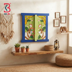 KB ART Artisan Crafted Solid Wood Carved Window Panel Pichwai Cow Mirror - Wooden Window Wall Mirror (Photo 1 of 2) | SKU KB-5311-B
