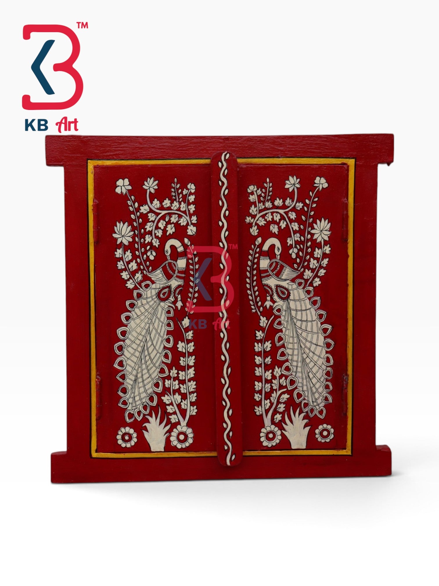 KB ART Traditional Indian Folk Art Wooden Window Wall Decor Madhubani Mirror - Wooden Window Wall Mirror (Photo 2 of 2) | SKU KB-5314-B