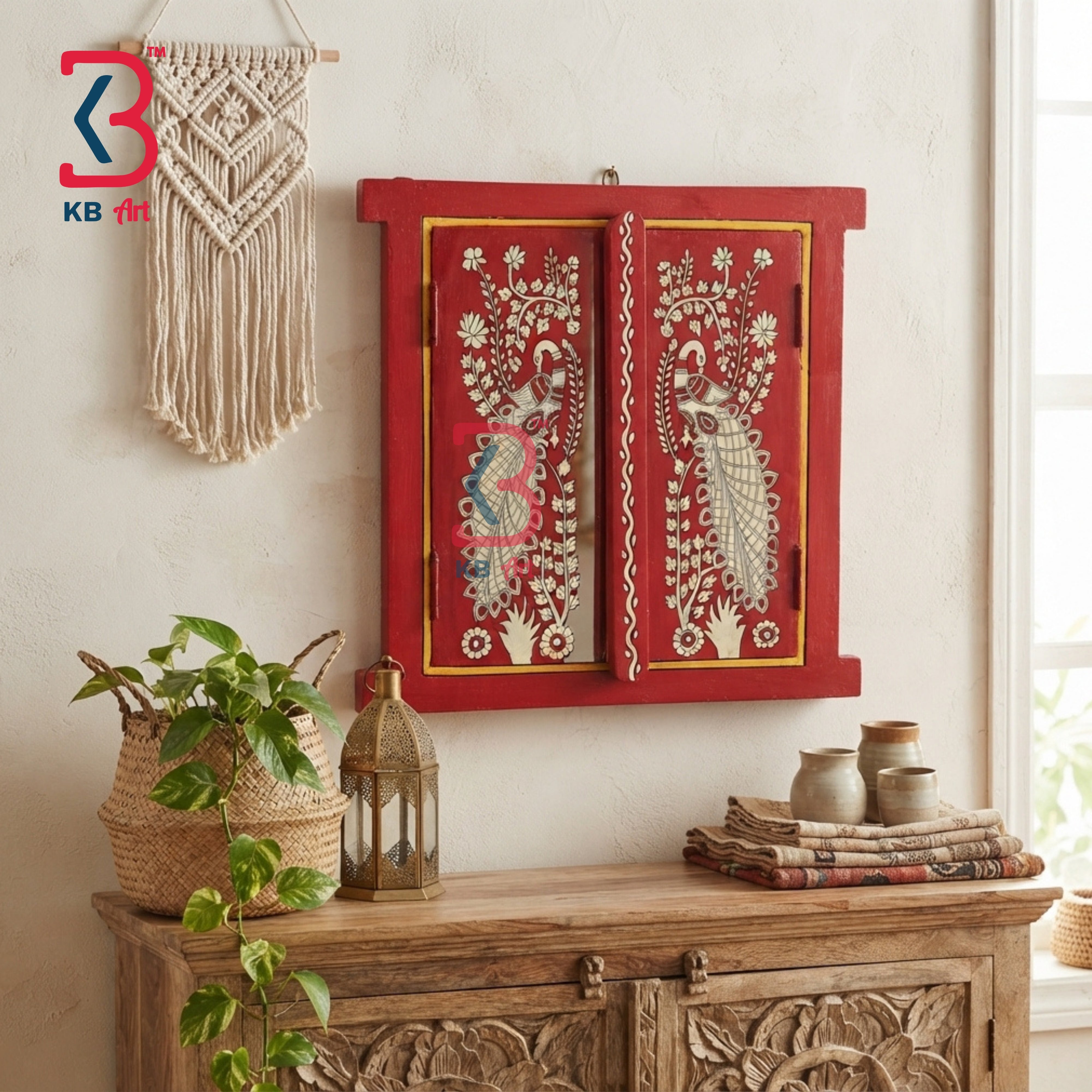 KB ART Solid Wood Hand Painted Window Madhubani Painting Red Peacock Mirror - Wooden Window Wall Mirror (Photo 1 of 2) | SKU KB-5314-B