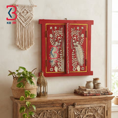 KB ART Solid Wood Hand Painted Window Madhubani Painting Red Peacock Mirror - Wooden Window Wall Mirror (Photo 1 of 2) | SKU KB-5314-B
