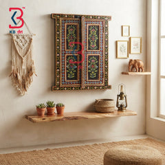 KB ART Solid Wooden Carved Window Shutter Wall Mirror Mughal Antique Showpiece - Wooden Window Wall Mirror (Photo 1 of 2) | SKU KB-5317-B