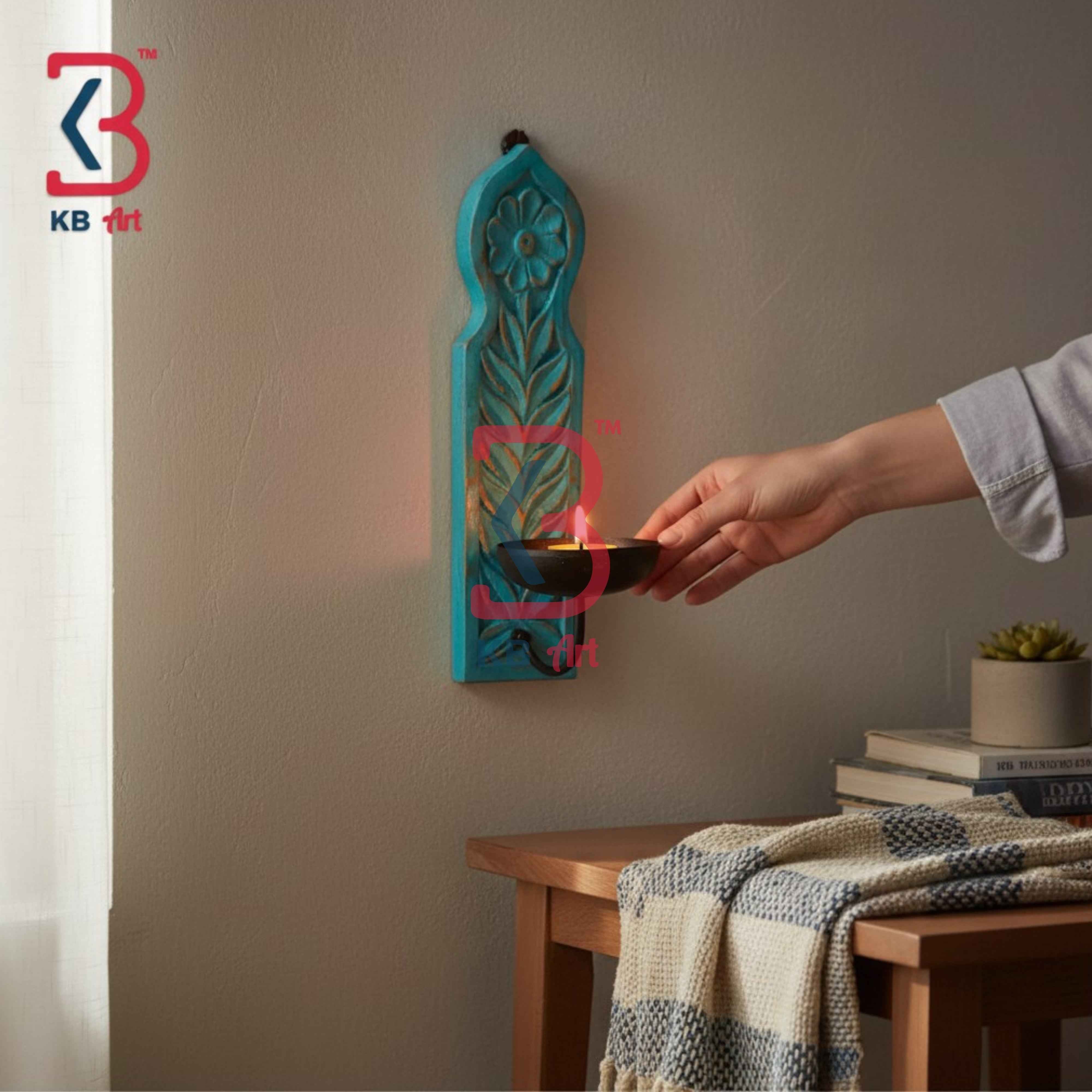 KB ART Carved Handcrafted Wooden Wall Candle Sconce Traditional Rajasthani Decorative Tealight Holder for Living Room Bedroom Entryway Cultural Art