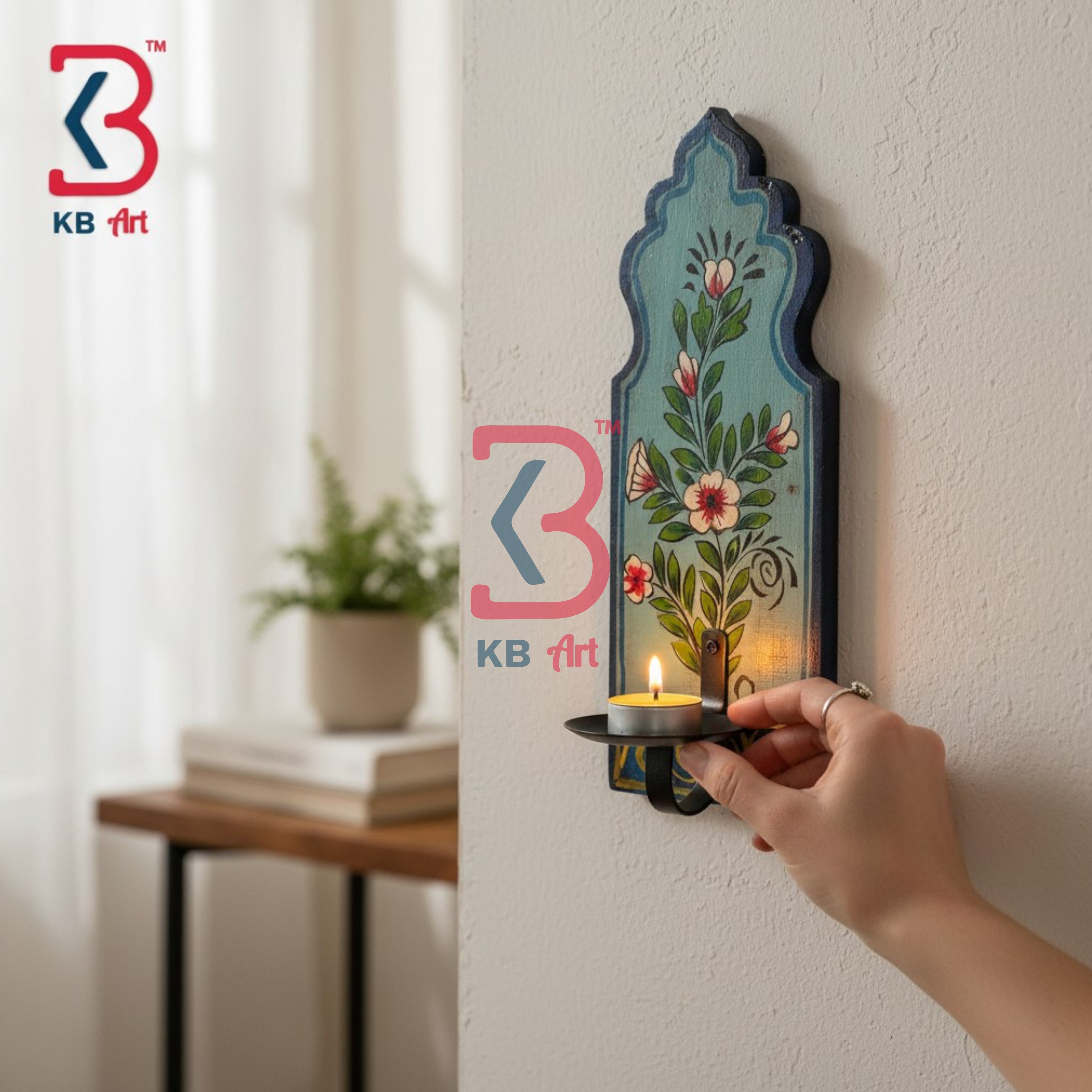KB ART Artisan Crafted Wooden Wall Mounted Candle Stand Home Styling Mughal Style - Wooden Wall Candle Sconce (Photo 1 of 2) | SKU KB-5333