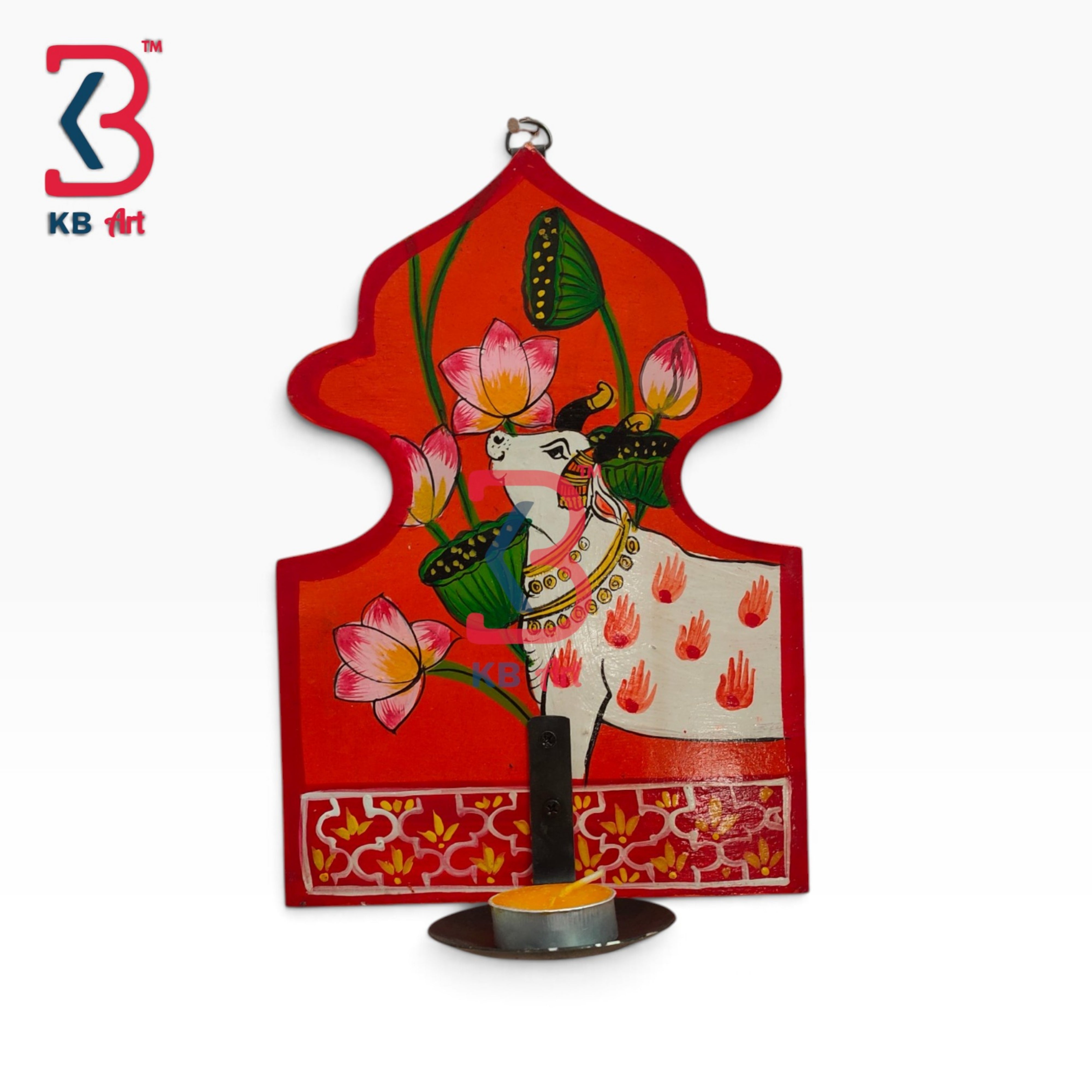 KB ART Artisan Crafted Wooden Wall Mounted Candle Stand Home Styling Pichwai Cow Style - Wooden Wall Candle Sconce (Photo 2 of 2) | SKU KB-5334