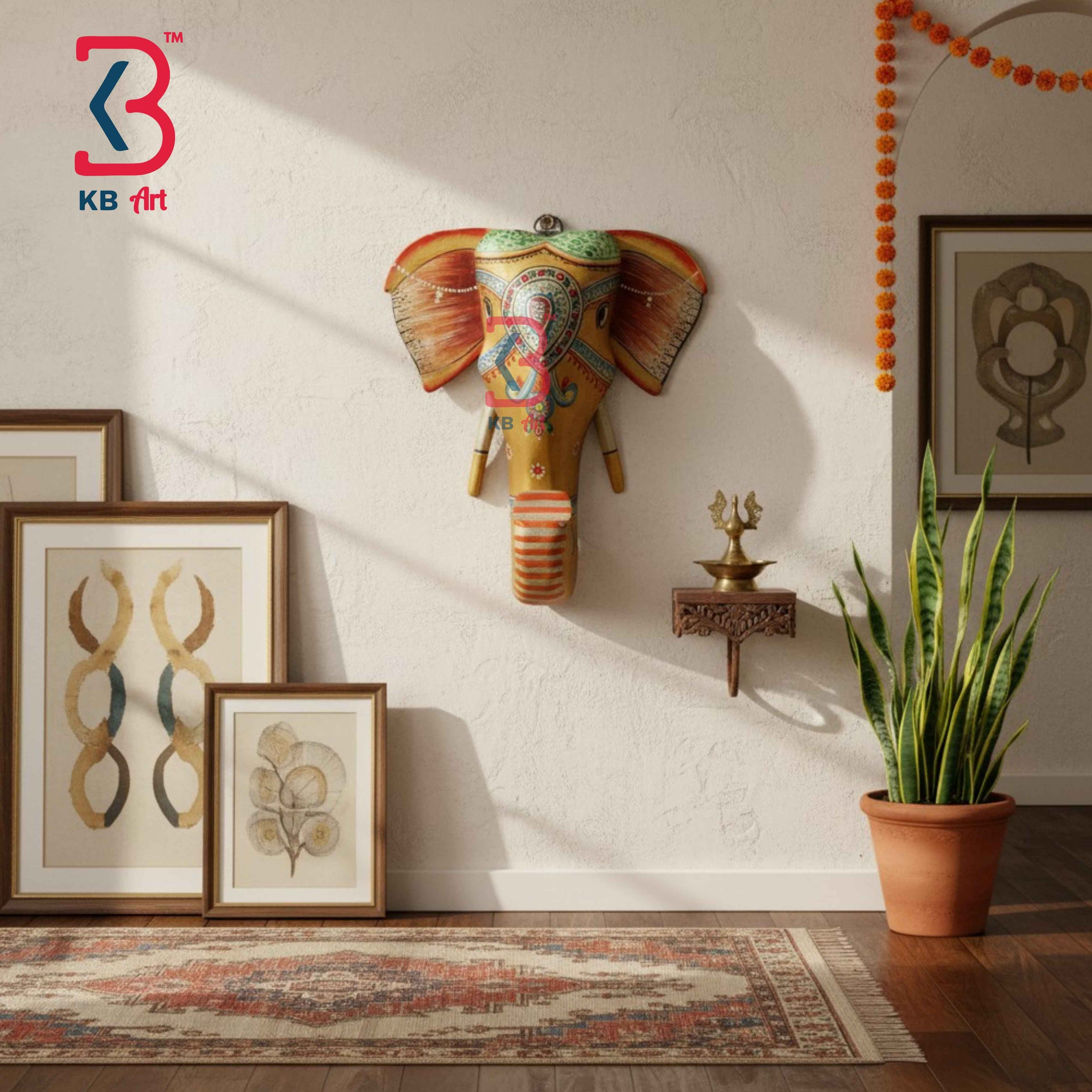 KB ART 7 Inch Handcrafted Wooden Elephant Head Wall Hanging Gold Finish Hand Painted Rajasthani Shringar Floral Carved Wall Decor