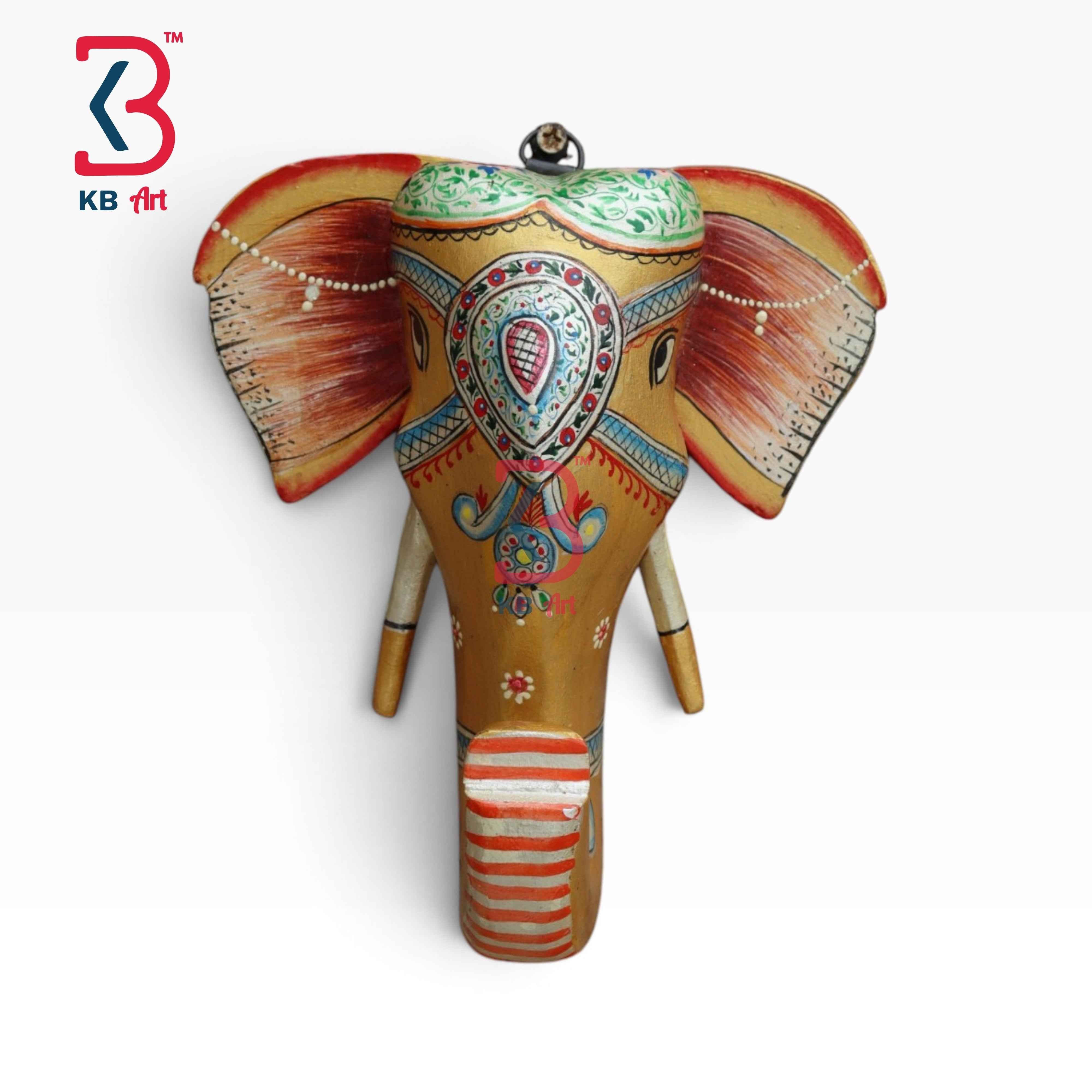 KB ART 7 Inch Handcrafted Wooden Elephant Head Wall Hanging Gold Finish Hand Painted Rajasthani Shringar Floral Carved Wall Decor