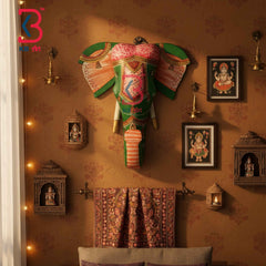 KB ART 7 Inch Handcrafted Wooden Elephant Head Wall Hanging Royal Emerald Green Hand Painted Royal Ambari Carved Wall Decor
