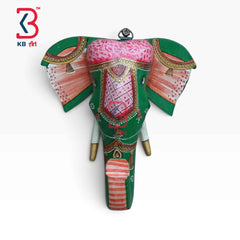 KB ART 7 Inch Handcrafted Wooden Elephant Head Wall Hanging Royal Emerald Green Hand Painted Royal Ambari Carved Wall Decor