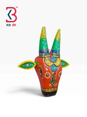 KB ART 6 Inch Handcrafted Wooden Cow Head Wall Hanging Terracotta Orange Hand Painted Green Horns Traditional Rajasthani Wall Decor