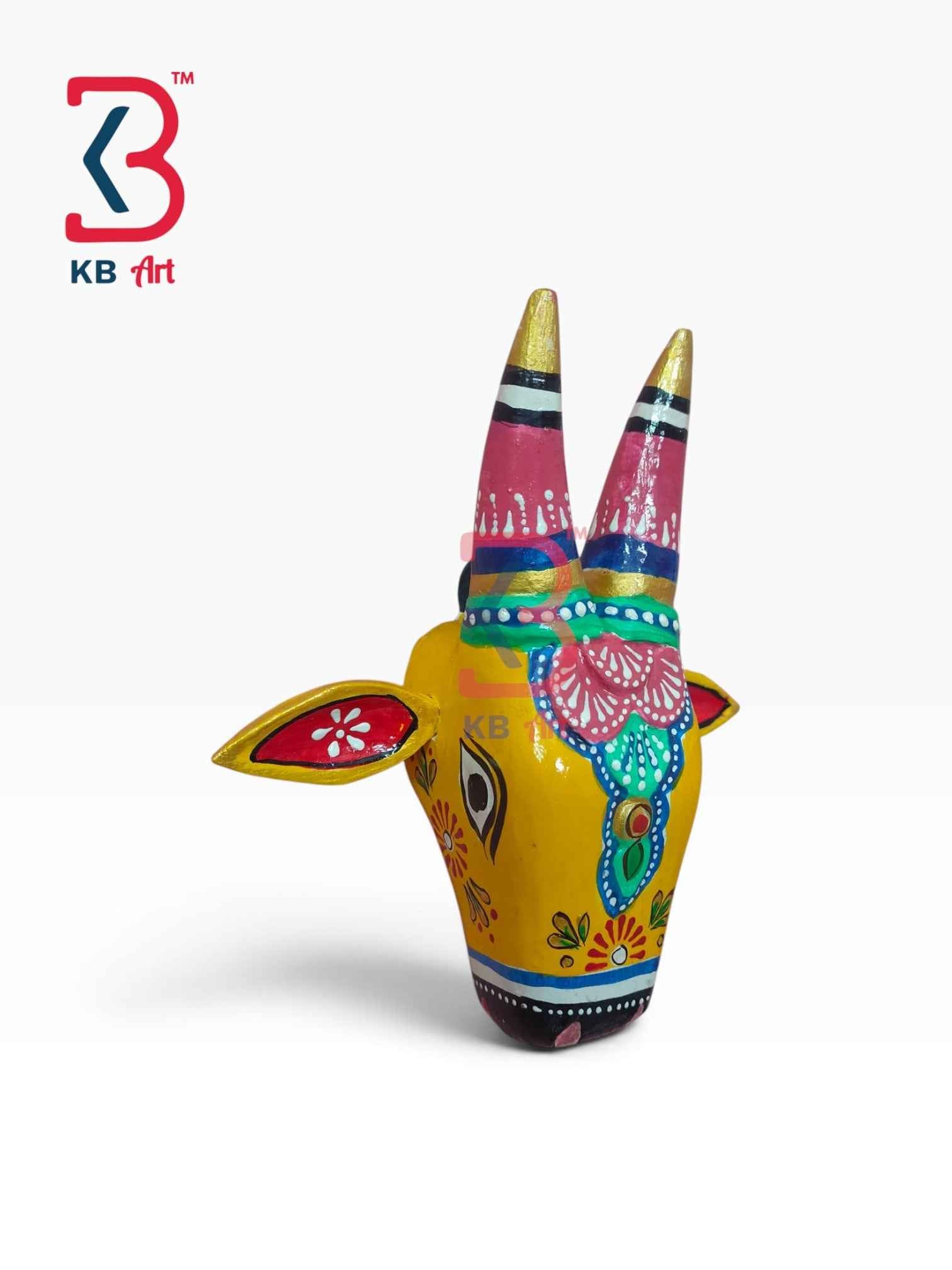 KB ART 6 Inch Handcrafted Wooden Cow Head Wall Hanging Canary Yellow Hand Painted Pink Horns Traditional Rajasthani Wall Decor