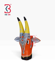 KB ART 11 Inch Handcrafted Wooden Cow Head Wall Hanging Saffron Orange Yellow Horns Sacred Kamdhenu Wall Sculpture