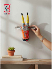 KB ART 11 Inch Handcrafted Wooden Cow Head Wall Hanging Saffron Orange Yellow Horns Sacred Kamdhenu Wall Sculpture