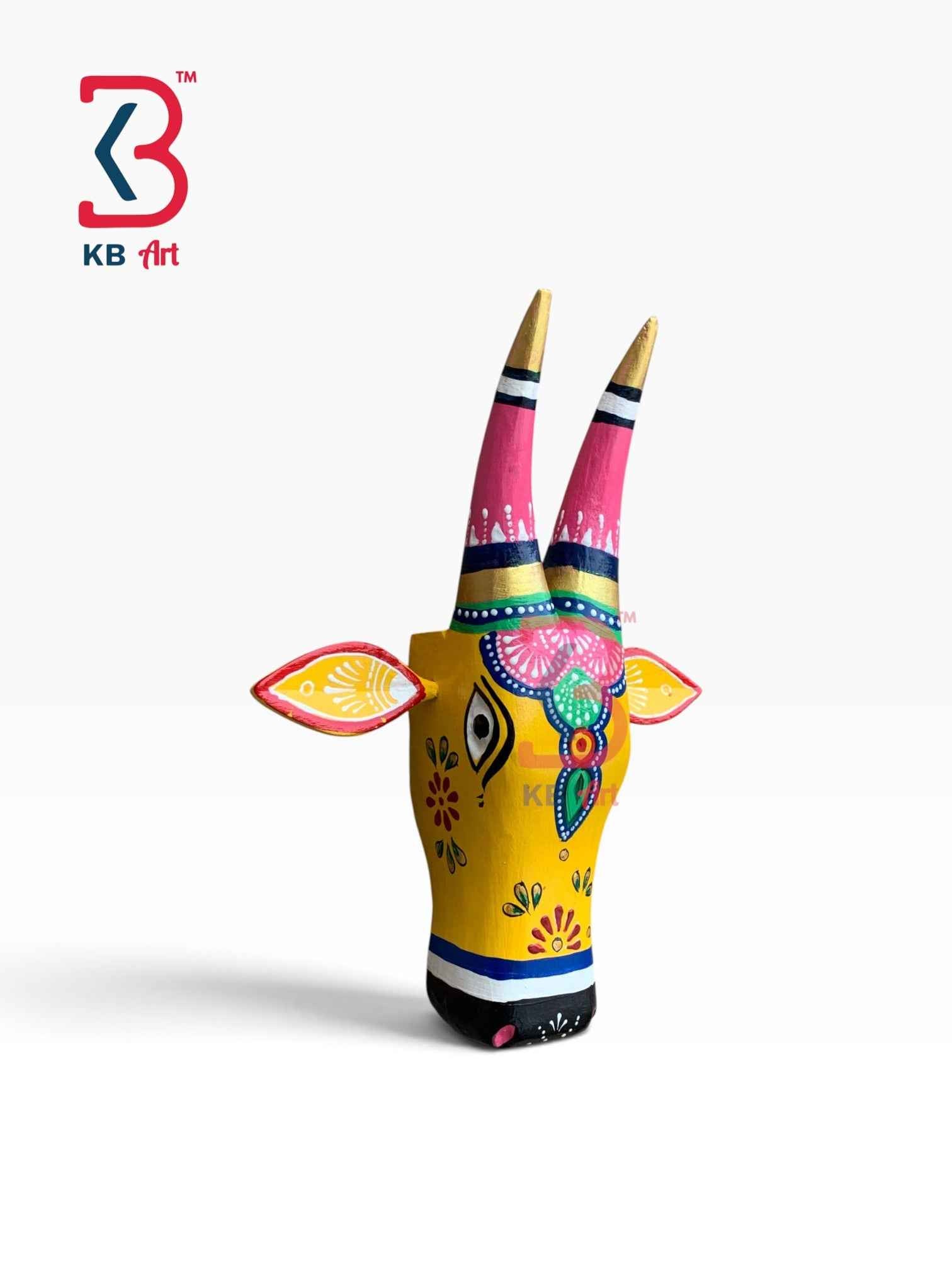 KB ART 11 Inch Handcrafted Wooden Cow Head Wall Hanging Mustard Yellow Pink Horns Sacred Kamdhenu Wall Sculpture