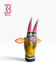 KB ART 11 Inch Handcrafted Wooden Cow Head Wall Hanging Mustard Yellow Pink Horns Sacred Kamdhenu Wall Sculpture
