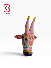 KB ART 11 Inch Handcrafted Wooden Cow Head Wall Hanging Antique White Pink Lotus Traditional Rajasthani Wall Decor