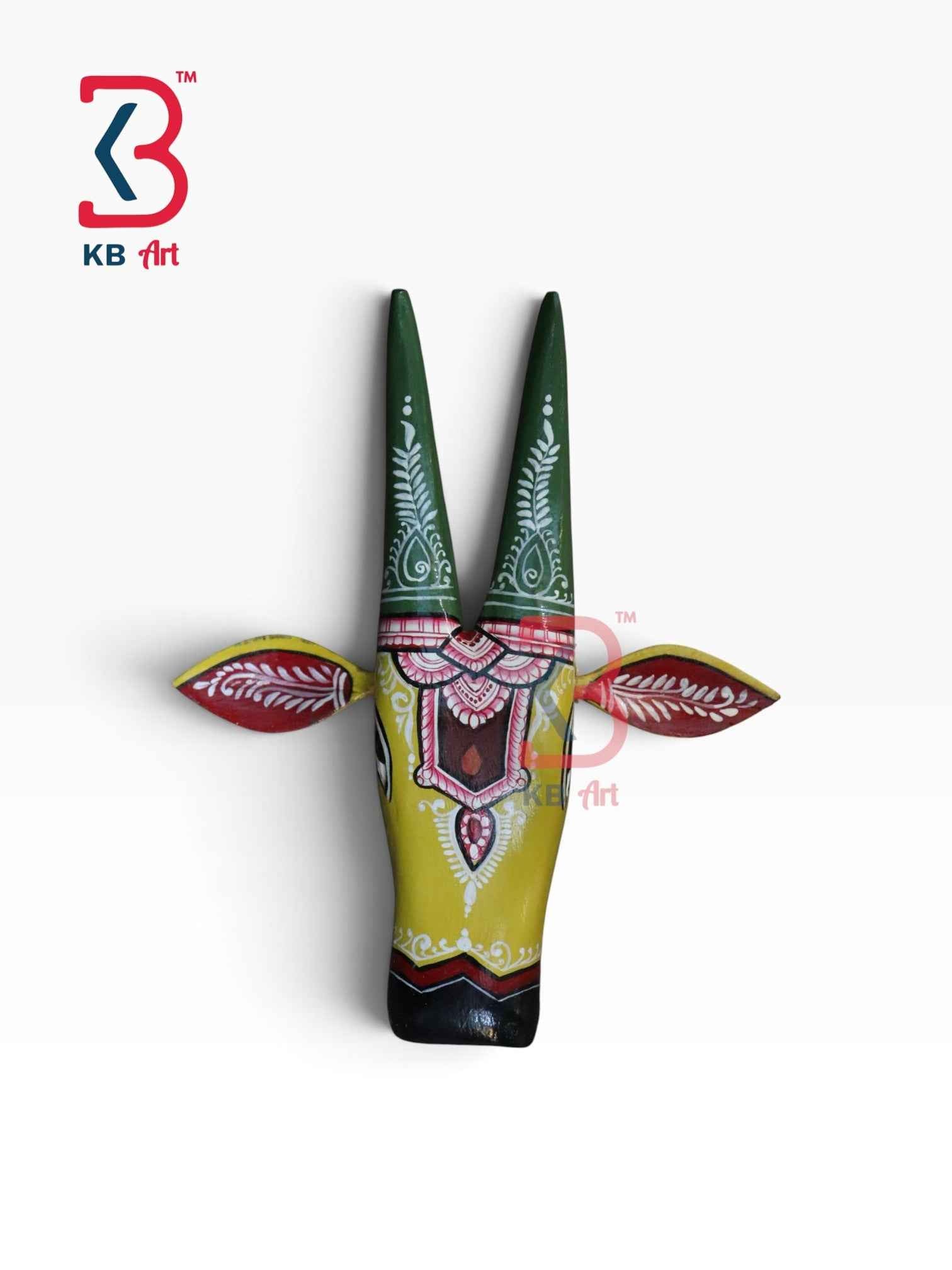 KB ART 11 Inch Handcrafted Wooden Cow Head Wall Hanging Lime Yellow Forest Green Horns Sacred Kamdhenu Wall Sculpture