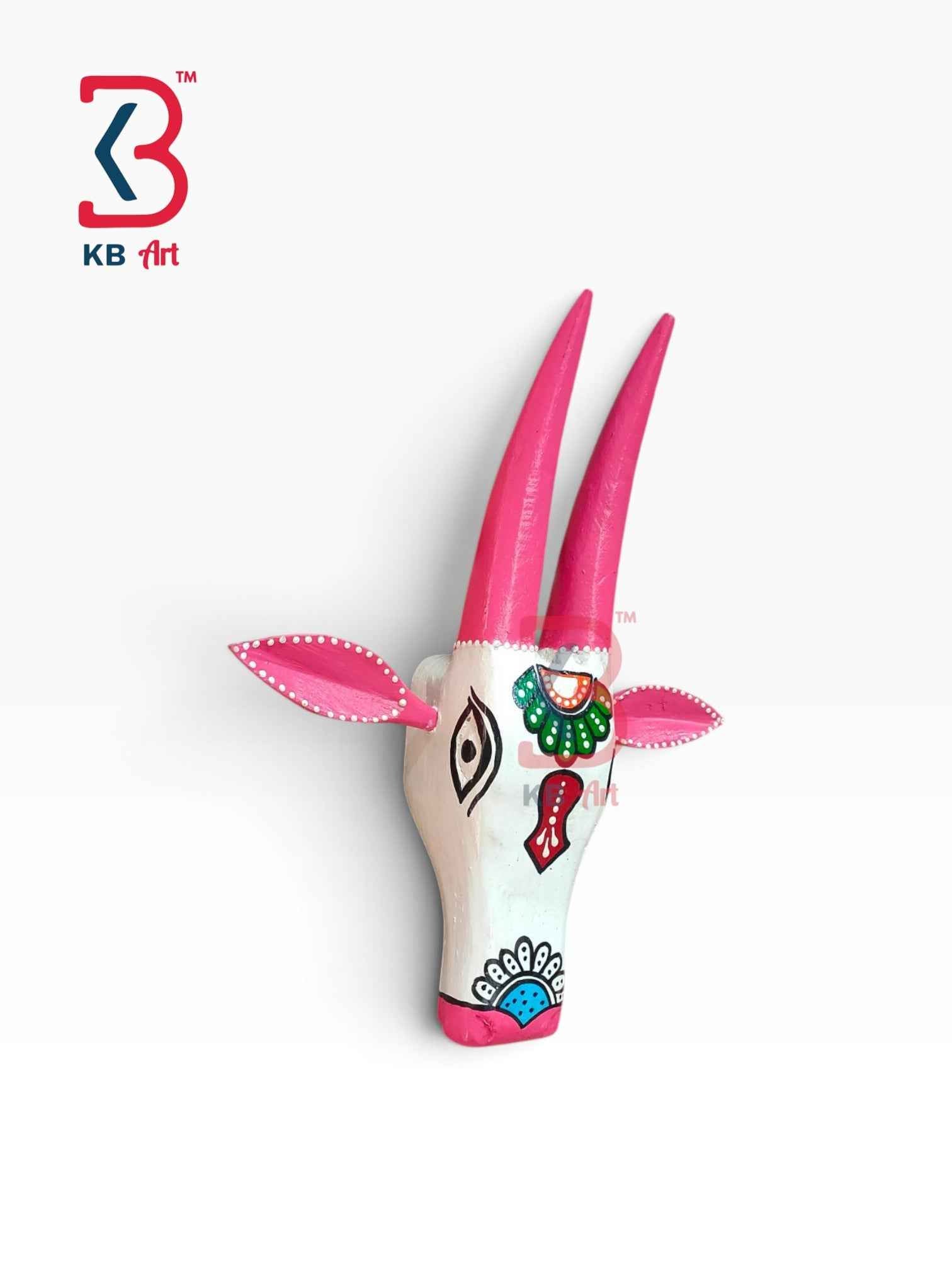 KB ART 11 Inch Handcrafted Wooden Cow Head Wall Hanging Pristine White Fuchsia Pink Horns Sacred Kamdhenu Wall Sculpture