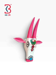 KB ART 11 Inch Handcrafted Wooden Cow Head Wall Hanging Pristine White Fuchsia Pink Horns Sacred Kamdhenu Wall Sculpture