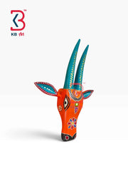 KB ART 11 Inch Handcrafted Wooden Cow Head Wall Hanging Bright Orange Teal Horns Sacred Kamdhenu Wall Sculpture