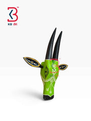 KB ART 11 Inch Handcrafted Wooden Cow Head Wall Hanging Lime Green Black Horns Sacred Kamdhenu Wall Sculpture