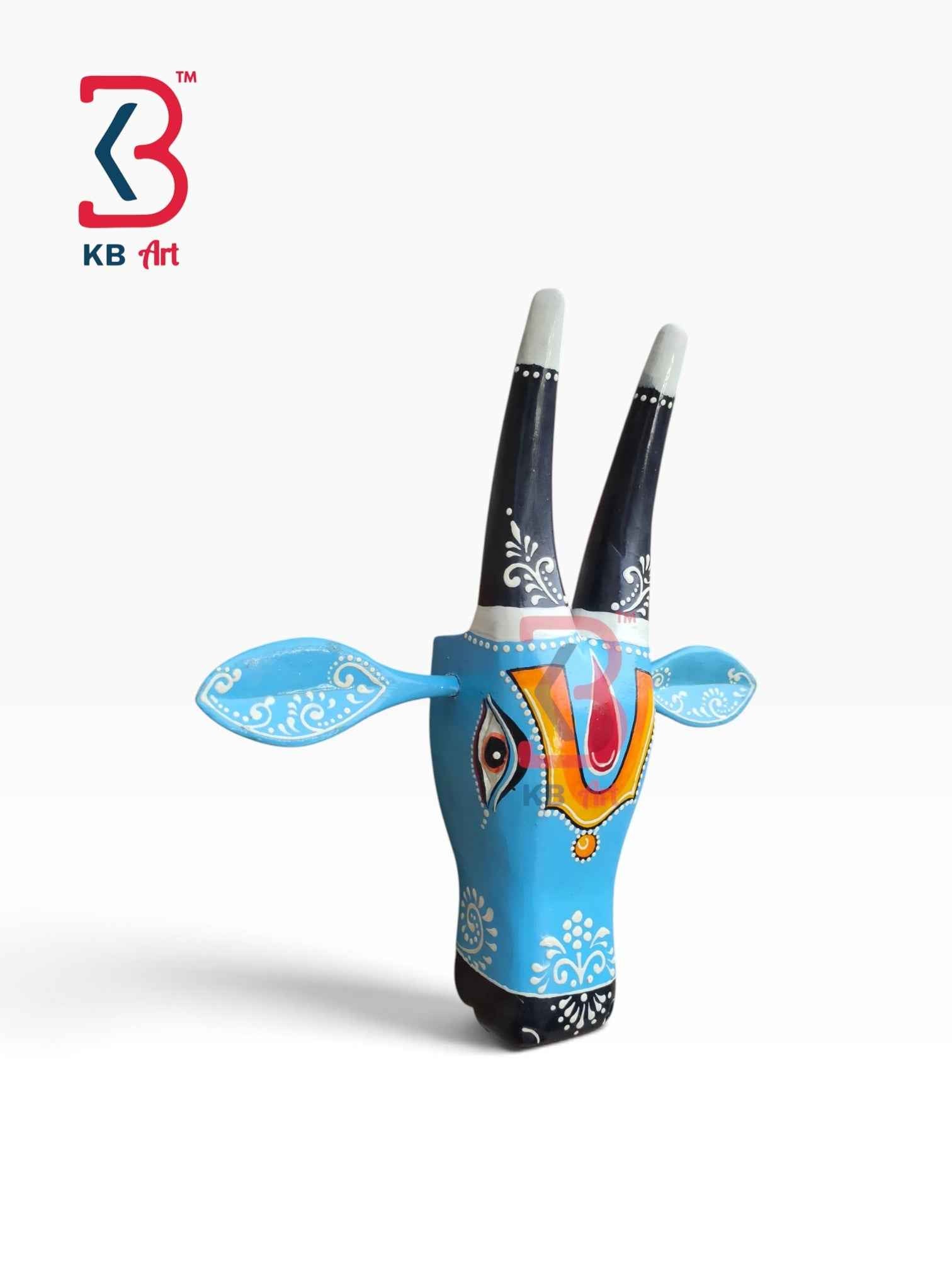 KB ART 11 Inch Handcrafted Wooden Cow Head Wall Hanging Sky Blue Vaishnav Tilak Sacred Kamdhenu Wall Sculpture
