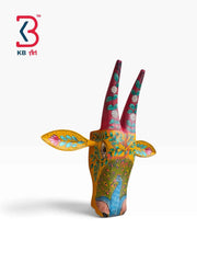 KB ART 11 Inch Handcrafted Wooden Cow Head Wall Hanging Mustard Yellow Royal Peacock Hand Painted Wall Sculpture