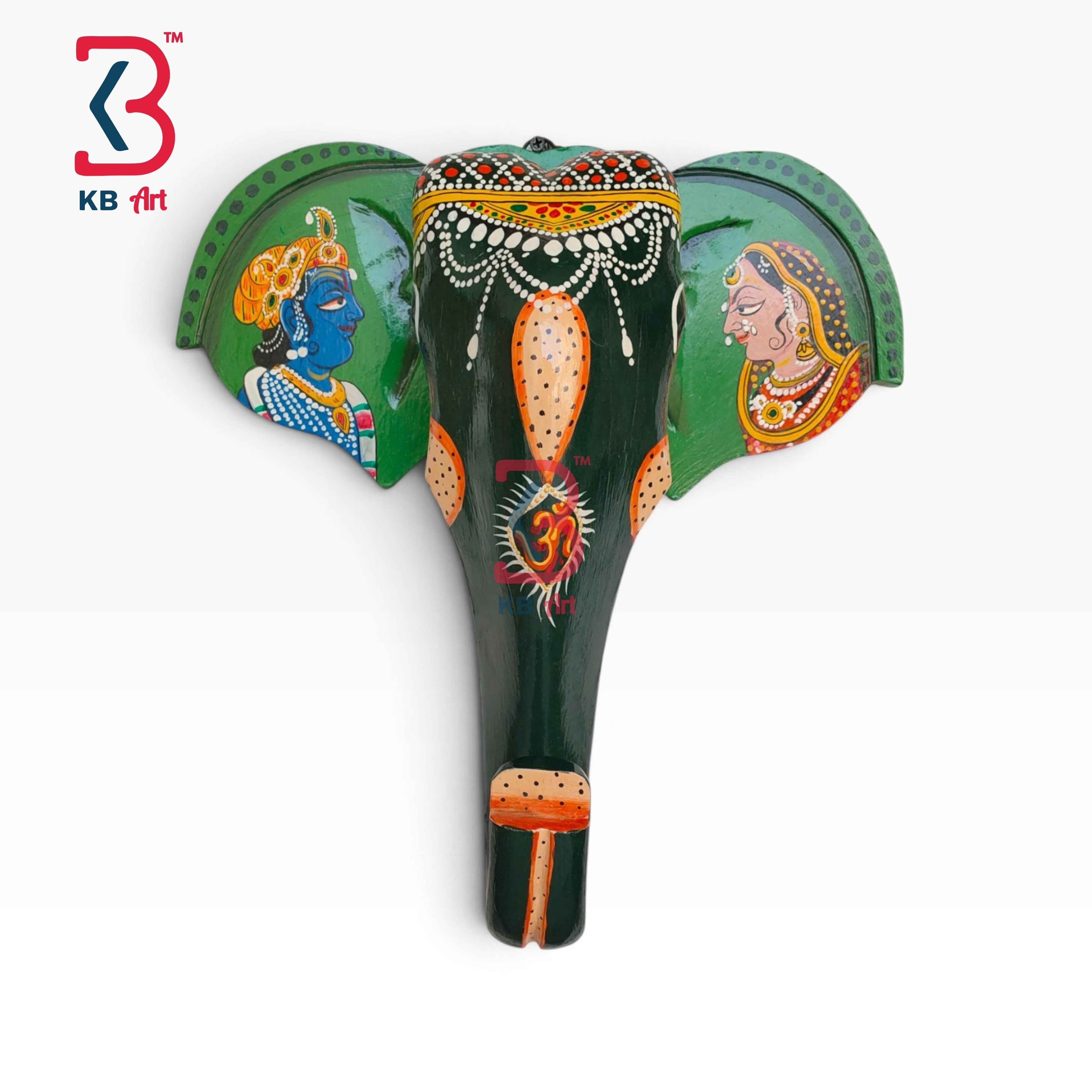 KB ART 15 Inch Handcrafted Wooden Elephant Head Wall Hanging Radha Krishna Pattachitra Traditional Wall Decor