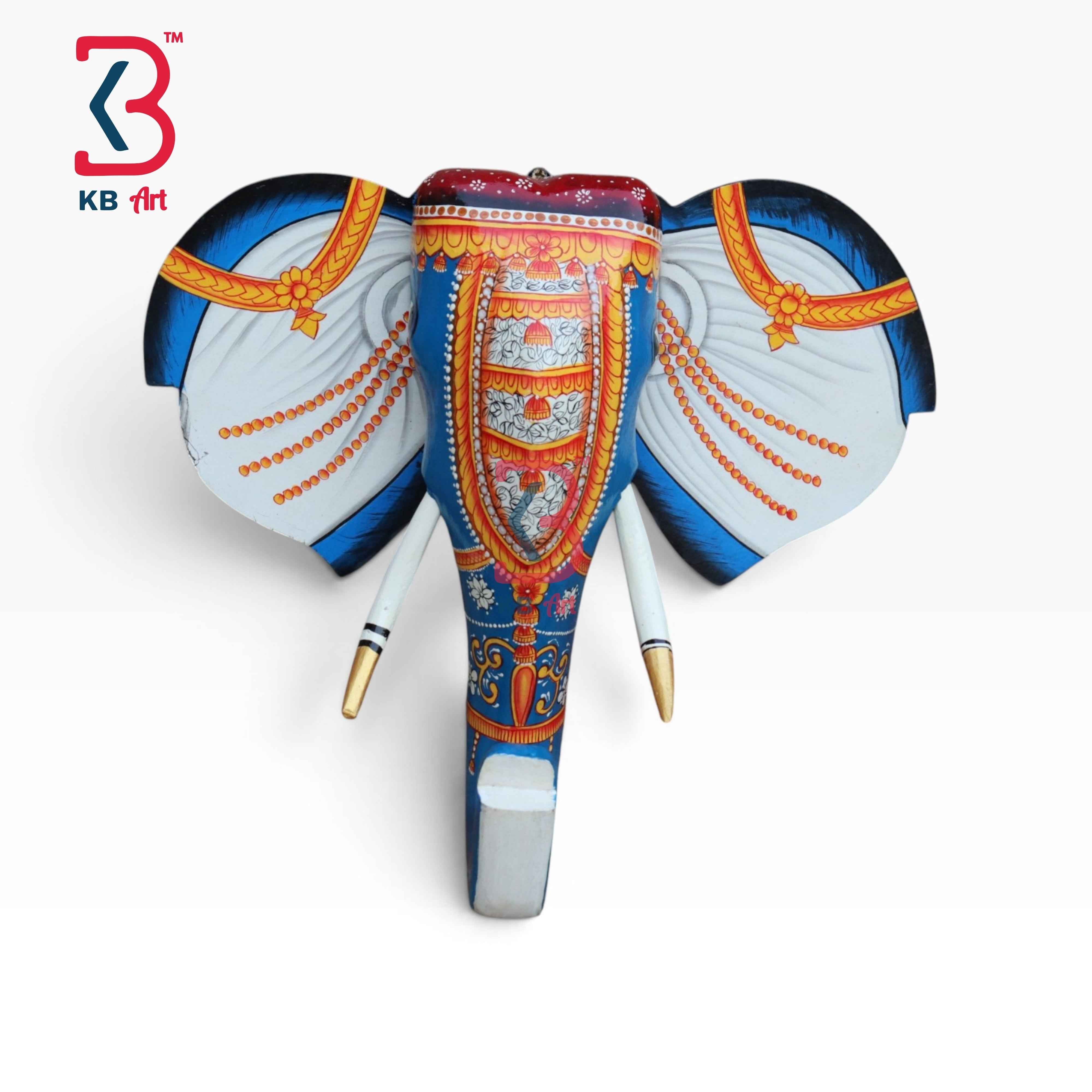 KB ART 15 Inch Handcrafted Wooden Elephant Head Wall Hanging Royal Blue Howdah Shringar Traditional Wall Decor