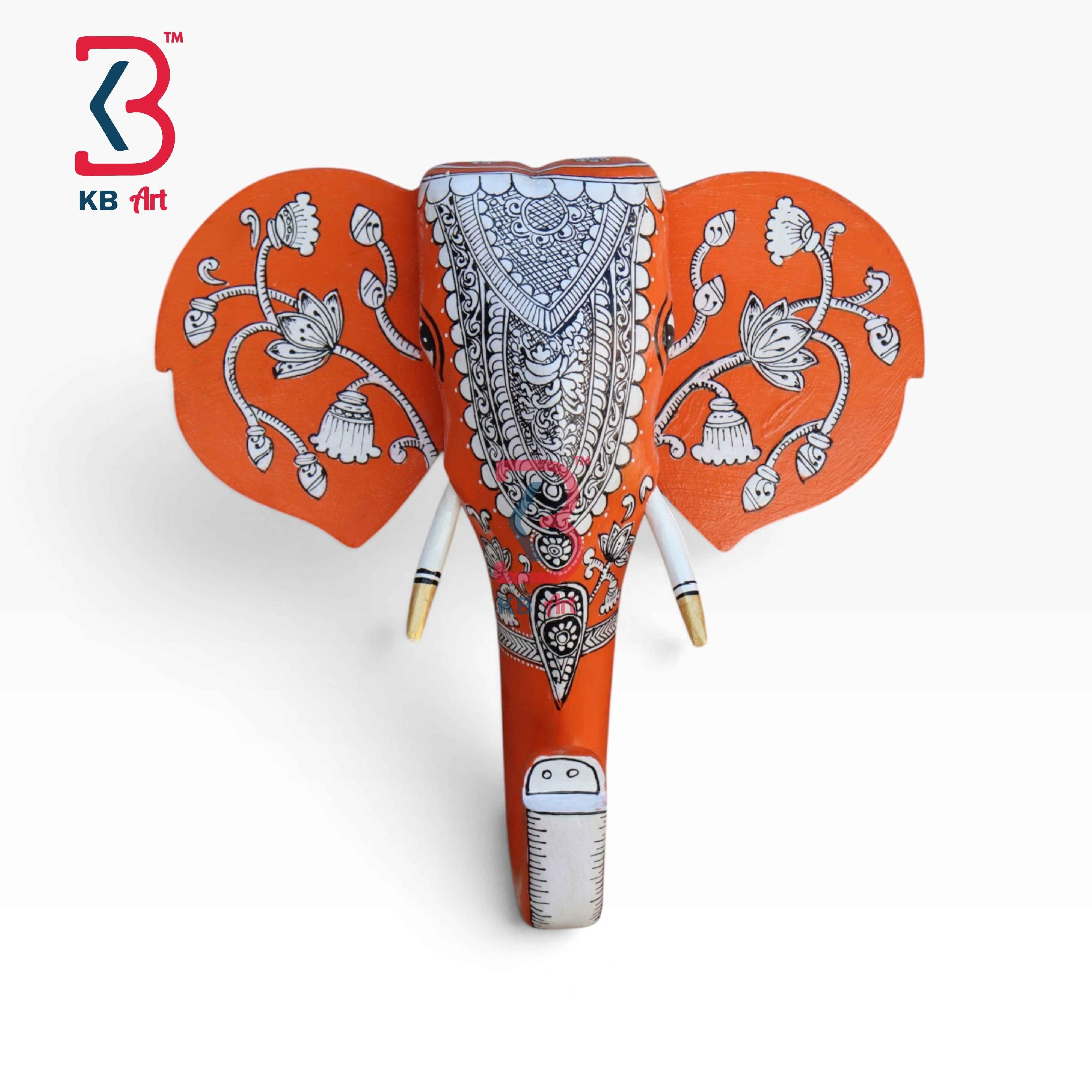 KB ART 15 Inch Handcrafted Wooden Elephant Head Wall Hanging Terracotta Orange Pattachitra Traditional Wall Decor