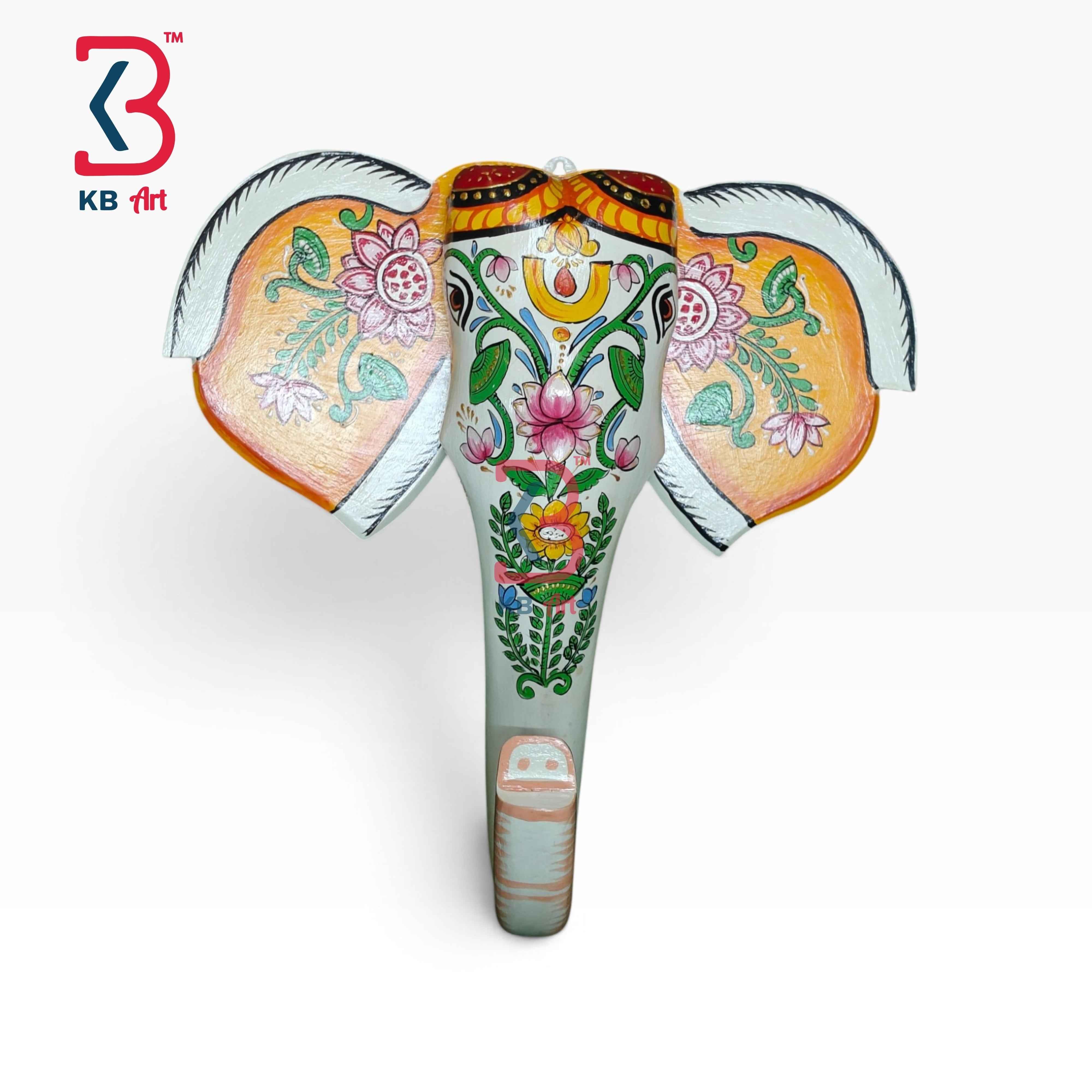KB ART 15 Inch Handcrafted Wooden Elephant Head Wall Hanging Antique White Sacred Lotus Tilak Traditional Wall Decor