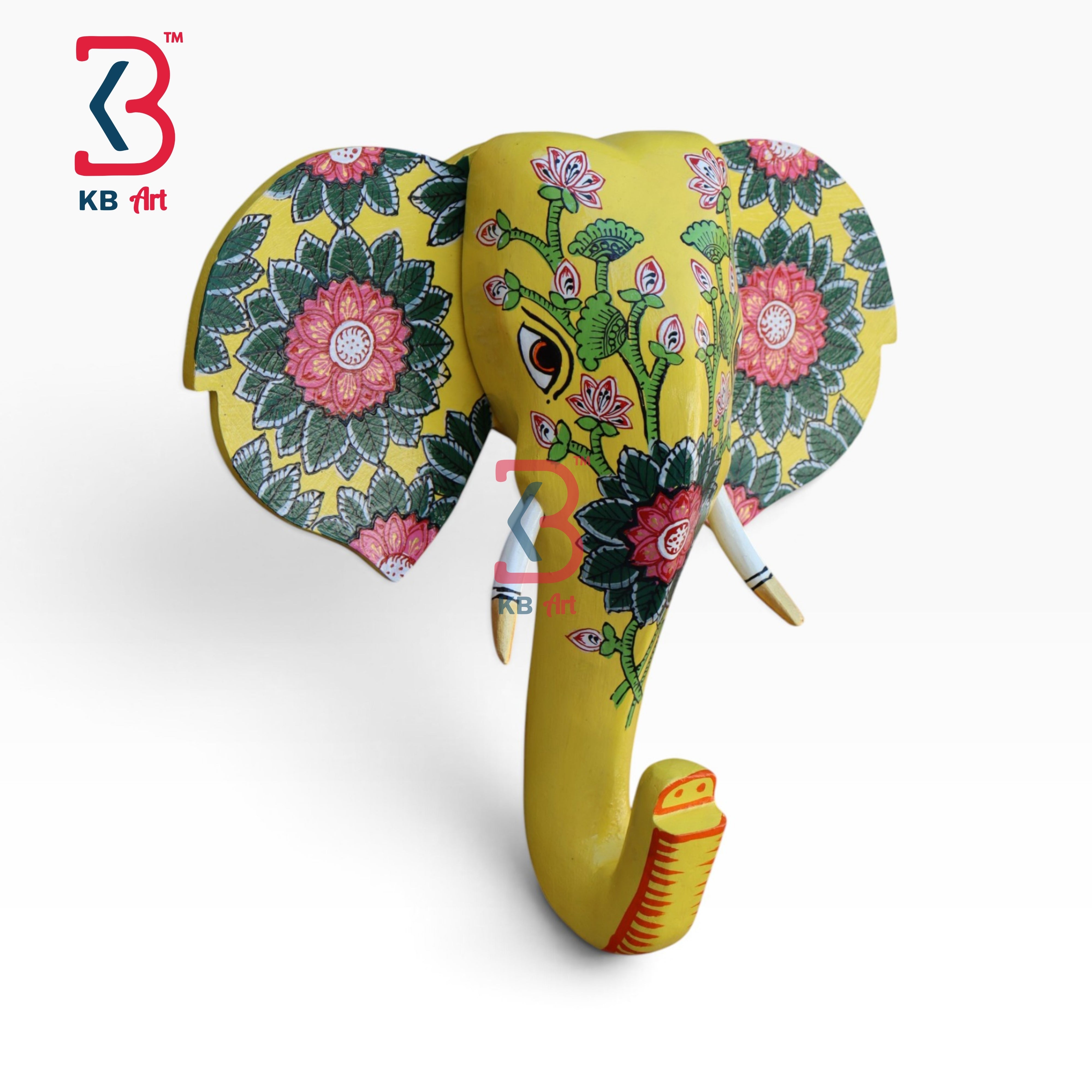 15-inch elephant head wall hanging – folk art wooden elephant face wall hanging for mandir | KB ART, Jodhpur Rajasthan