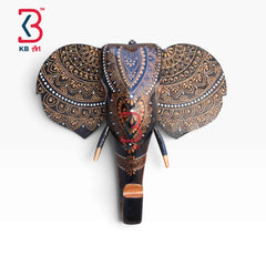 KB ART 15 Inch Handcrafted Wooden Elephant Head Wall Hanging Antique Bronze Gold Mandala Traditional Wall Decor