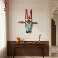 KB ART 16 Inch Handcrafted Wooden Cow Head Wall Hanging Teal Shrinathji Hand Painted Sacred Kamdhenu Wall Sculpture