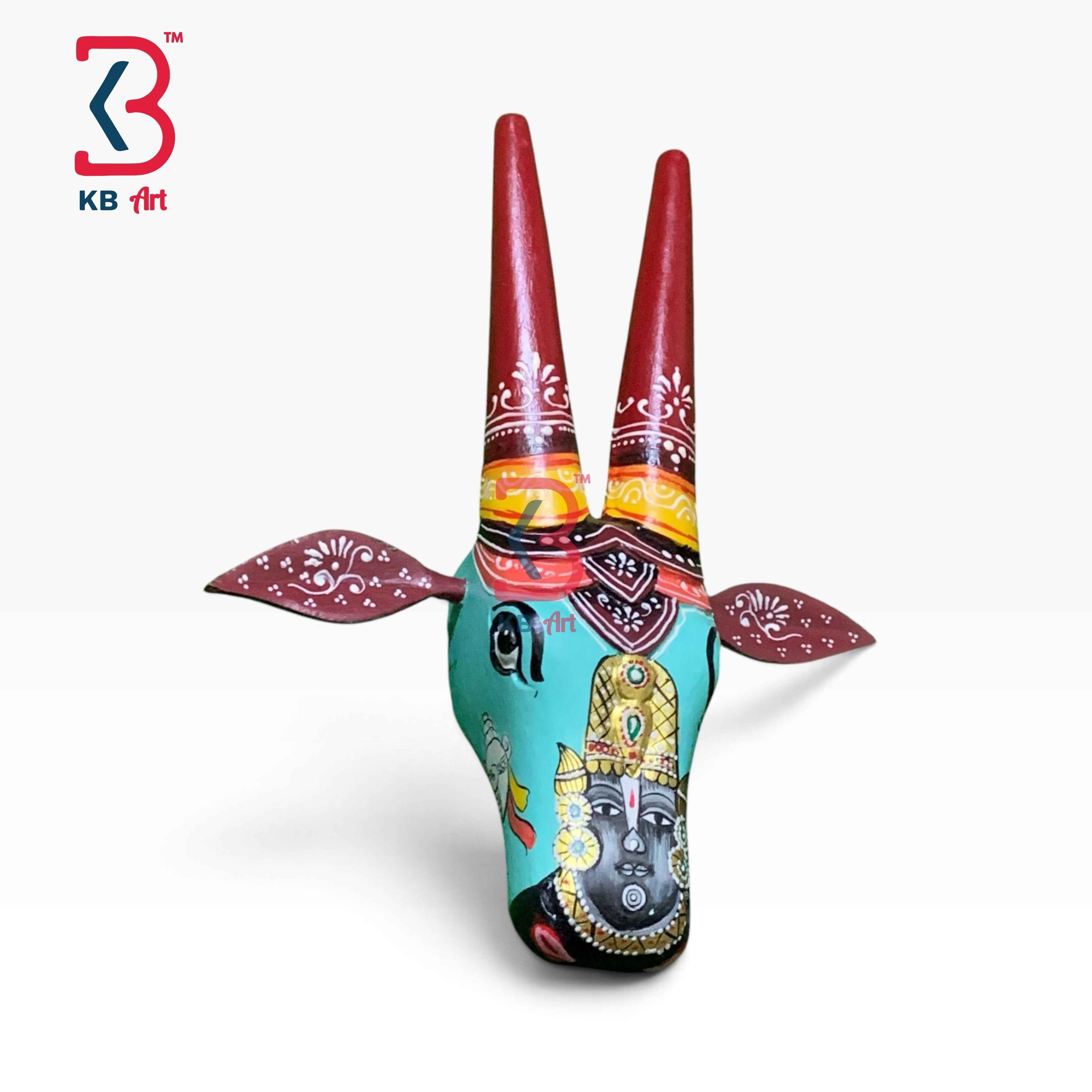 KB ART 16 Inch Handcrafted Wooden Cow Head Wall Hanging Teal Shrinathji Hand Painted Sacred Kamdhenu Wall Sculpture