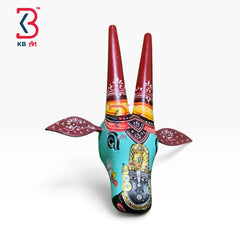 KB ART 16 Inch Handcrafted Wooden Cow Head Wall Hanging Teal Shrinathji Hand Painted Sacred Kamdhenu Wall Sculpture