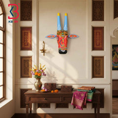 KB ART 16 Inch Handcrafted Wooden Cow Head Wall Hanging Coral Red Blue Horns Sacred Kamdhenu Wall Sculpture